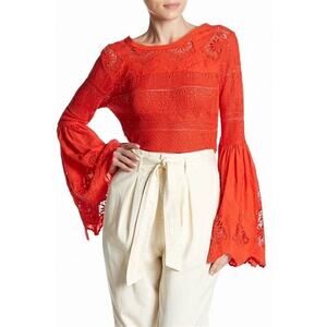 Free People Red Once Upon A Time Linen Crochet Bell Sleeve Top Size M